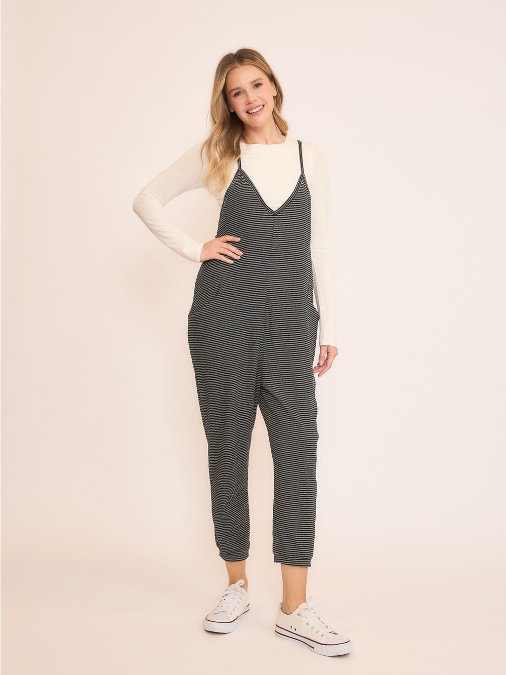 Striped Black & White Jumpsuit Romper - Women's Casual Overalls